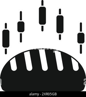 Schwarz-weiß-Symbol für Brot mit Kerzenleuchtern an der Börse, die Investitionsmöglichkeiten im Lebensmittelsektor darstellen Stock Vektor