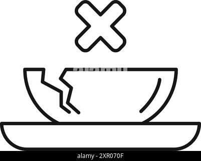 Strichsymbol einer zerbrochenen Schale auf einem Teller mit einem Kreuz, das ein Verbot oder eine Beschränkung ihrer Verwendung darstellt Stock Vektor