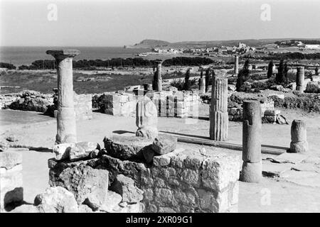 Reste von Mauern und dorischen Säulen zeichnen die Neapolis, den neueren griechisch-iberischen Teil von Empúries, aus, hier befand sich unter anderem das Asklepieion, ein Heiligtum, das Äskulap, dem Gott der Heilkunst, gewidmet war und zu dem gewöhnlich ein Sanatorium gehörte, Costa Brava 1957. Überreste von Mauern und dorischen Säulen charakterisieren Neapolis, den neueren griechisch-iberischen Teil von Empúries, der den Ort des Asclepieion, ein Heiligtum, das dem Gott der Heilung Asklepius gewidmet ist, und der normalerweise ein Sanatorium, Costa Brava 1957, umfasste. Stockfoto