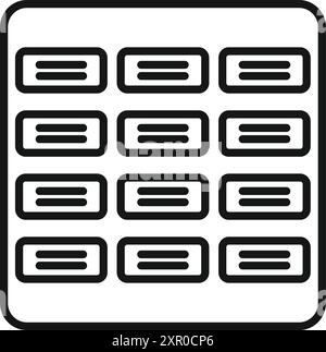 Einfaches Schwarzweiß-Symbol eines Smartphones, das mehrere App-Symbole auf dem Bildschirm anzeigt Stock Vektor