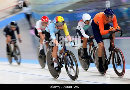 Saint Quentin En Yvelines, Frankreich. August 2024. Der belgische Radrennfahrer Fabio Van den Bossche und der Niederländer Jan-Willem van Schip haben sich am Donnerstag, den 08. August 2024, in Saint-Quentin-en-Yvelines, Frankreich, beim Rennen um das Herrenomnium bei den Olympischen Spielen 2024 in Paris gezeigt. Die Spiele der XXXIII. Olympiade finden vom 26. Juli bis 11. August in Paris statt. Die belgische Delegation zählt 165 Athleten, die in 21 Sportarten antreten. BELGA FOTO BENOIT DOPPAGNE Credit: Belga News Agency/Alamy Live News Stockfoto