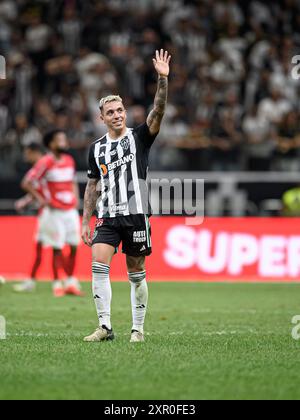 7. August 2024: Arena MRV, Belo Horizonte, Brasilien: Brasilianischer Cup Fußball, Atletico Mineiro gegen CRB: Renzo Saravia do Atletico Mineiro, feiert Torschützenschläge Stockfoto