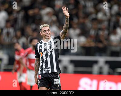 7. August 2024: Arena MRV, Belo Horizonte, Brasilien: Brasilianischer Cup Fußball, Atletico Mineiro gegen CRB: Renzo Saravia do Atletico Mineiro, feiert Torschützenschläge Stockfoto