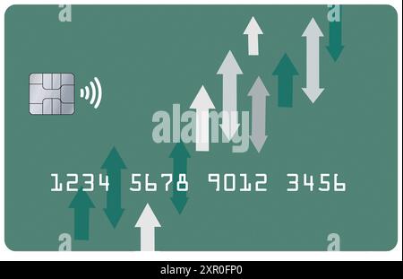 Eine generische Kreditkarte ist in einer 3D-Abbildung mit Pfeilen am Börsendiagramm verziert. Stockfoto