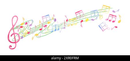 Bunte Noten, Höhenschlüssel. Noten fliegen durch die Wellen der Musik. Regenbogenfarbe der Notizsymbole. Internationaler Musiktag. Stockfoto