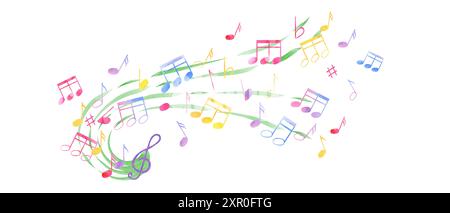 Bunte Noten, Höhenschlüssel. Noten fliegen durch die Wellen der Musik. Regenbogenfarbe der Notizsymbole. Internationaler Musiktag. Stockfoto