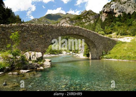 Die romanische Brücke Puente Románico de San Nicolás de Bujaruelo über den Fluss Ara im Bujaruelo-Tal oder Valle de Bujaruelo bei Torla-Ordesa, Spanie Stockfoto