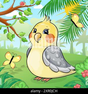 Niedlicher Cartoon-Kakatiel in der Natur. Vektorillustration eines Tieres in einem Garten oder Wald mit roten Blumen, gelben Schmetterlingen und Bäumen. Stock Vektor