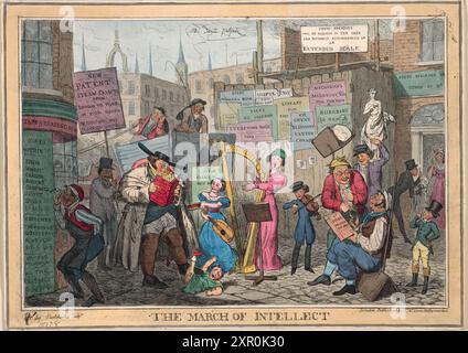 Ein humorvoller Cartoondruck farbiger Gravur des Marsches des Intellekts eine Londoner Street Scene Aquarellätzung auf Papier menschliche Karikaturen Vintage aus der georgianischen Ära des 19. Jahrhunderts, möglicherweise durch George Cruikshank antiker Druck Stockfoto