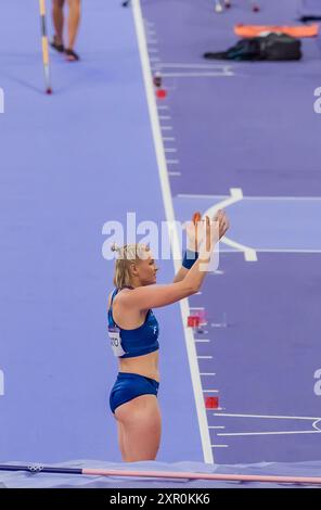 Paris, Ile de France, Frankreich. August 2024. WILMA MURTO (FIN) aus Finnland tritt bei den Olympischen Sommerspielen 2024 in Paris im Stadion Stade de France an. (Kreditbild: © Walter Arce/ZUMA Press Wire) NUR REDAKTIONELLE VERWENDUNG! Nicht für kommerzielle ZWECKE! Stockfoto