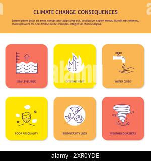 Banner-Vorlage für Folgen des Klimawandels mit Platz für Text. Globale Erwärmung, Meeresspiegelanstieg. Vektorabbildung. Stock Vektor