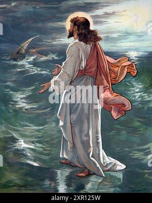 Illustration von Jesus Christus, der auf dem Wasser geht, um zu seinen Jüngern im Sturm aus dem antiken Buch des 19. Jahrhunderts zu gelangen Gott ist Liebe Bibelbilder und Stor Stockfoto