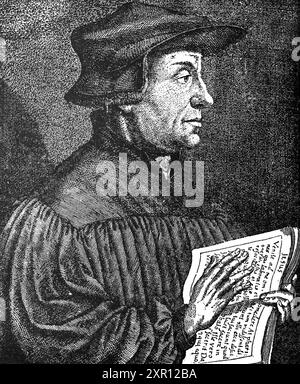 Profil von Huldrych (Ulrich) Zwingli 1484-1531 Reformator und Pastorenführer der Reformation in der Schweiz aus alter Gravur in Buch das Leben der LUT Stockfoto