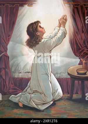 Illustration des jungen Samuel betend und Gott spricht zu ihm (Buch Samuel) aus dem antiken Buch des 19. Jahrhunderts God is love Bible Pictures and Stories for Stockfoto