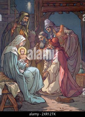 Illustration der Geburt der drei Weisen, die Gold, Weihrauch und Myrrhe dem Baby Jesus schenken, antikes Buch des 19. Jahrhunderts Gott ist Liebe Bibel Pictur Stockfoto