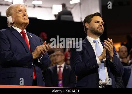Milwaukee, Vereinigte Staaten von Amerika, 15. Juli 2024, ehemaliger Präsident Donald Trump bei der Republican National Convention in Milwaukee, Wisconsin. Credi Stockfoto