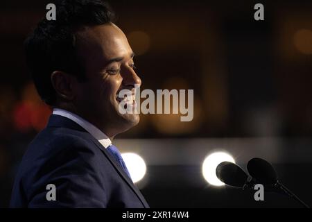 Milwaukee, Vereinigte Staaten von Amerika, 16. Juli 2024, Vivek Ramaswamy auf der Republican National Convention in Milwaukee, Wisconsin. Stockfoto