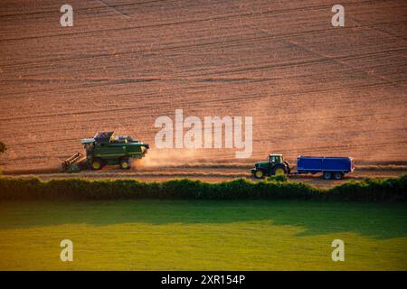 Aus der Vogelperspektive eines Traktors und eines Mähdreschers, die bei Sonnenuntergang auf einem Feld arbeiten und Staubwolken bei der Ernte von Erntegut erzeugen. Stockfoto