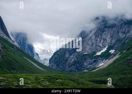 Tal im Endicott Arm mit niedrigem Nebel und verstecktem Gletscher Stockfoto