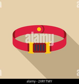 Roter, intelligenter Tracker-Kragen mit goldener Schnalle zur Verfolgung der Haustierposition, flaches Symbol mit langem Schatten Stock Vektor