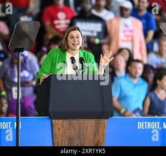 Detroit, Michigan, USA. August 2024. ELISSA SLOTKIN, Kongressabgeordneter von Michigan, während der Detroit Rallye mit Vizepräsidentin Kamala Harris und Gouverneur Tim Walz (Bild: © Scott hasse/ZUMA Press Wire) NUR REDAKTIONELLE VERWENDUNG! Nicht für kommerzielle ZWECKE! Stockfoto