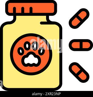 Tierarzneimittelflasche mit Pillen Farbsymbol. Behälter mit Vitaminen für Haustiere. Verschreibungspflichtiges Tierarzneimittel. Vektorillustration isoliert auf weißer Rückseite Stock Vektor