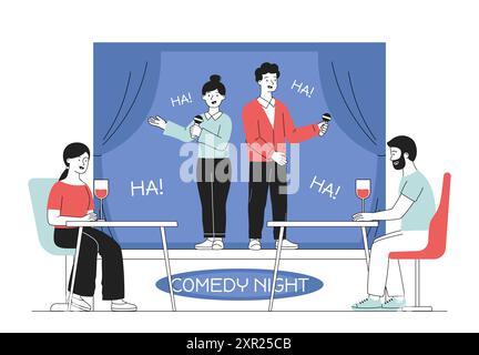 Comedy Night Show. Mann und Frau stehen mit Mikrofon auf der Bühne und erzählen Witze. Performance von Comedians und Standdupers. Humor und Lachen. Linear Stock Vektor