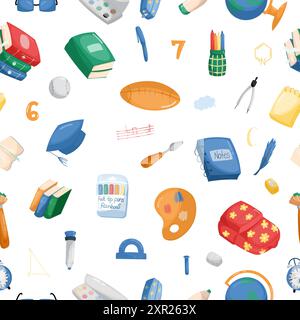 Kinderschule. Muster für Schulbedarf. Back-to-School-Konzept. Nahtloses Muster von Schulelementen. Stock Vektor