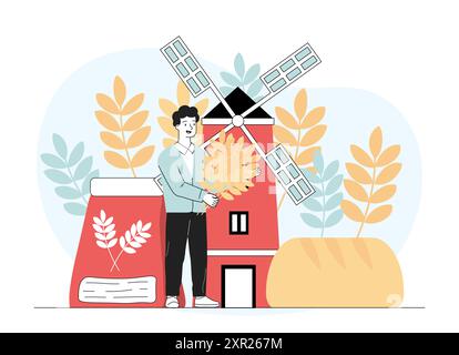 Mehlmühlenindustrie. Ein Mann mit Maisohren in den Händen steht in der Nähe der Mühle. Herstellung von Mehlprodukten, Brot. Landwirtschaft und Landwirtschaft. Linearer Vektor Stock Vektor