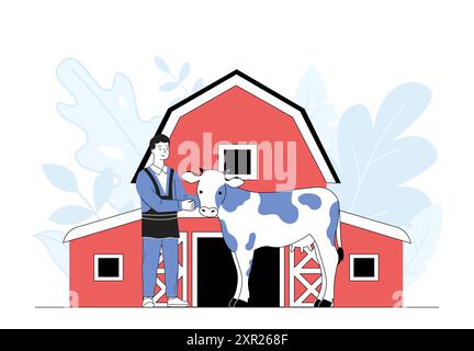 Mann auf der Farm mit Kuh. Junger Kerl mit Vieh in der Nähe der Scheune. Landwirt mit Rindern. Landwirtschaft und Landwirtschaft, ländliche Szene. Dorf und Landschaft. Linear Stock Vektor