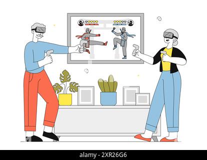 Großeltern spielen Videospiele. Älteres Paar mit VR-Brille spielt Kampfspiel. Unterhaltsam und unterhaltsam. Moderne Technologien und Innovationen Stock Vektor