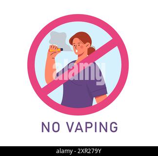 Keine Dampfzone. Durchgestrichene Frau mit Vape. Verbotener und verbotener Verdampfungs- und Raucherbereich. Infografik und Warnschild. Illustration des flachen Vektors Stock Vektor