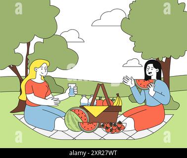 Frauen beim Picknick. Mädchen mit Essen sitzen auf dem Rasen. Freunde verbringen Zeit zusammen in der Natur. Leute mit Wassermelonenscheiben, Bananen und Erdbeeren. Linear Stock Vektor