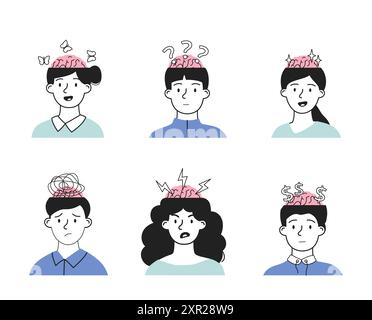 Psychologische Zustände. Männer und Frauen mit unterschiedlichen psychischen Problemen und Störungen. Emotionale Balance und Stabilität. Bewusstsein und Achtsamkeit Stock Vektor