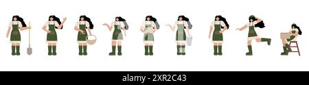 Vektor-Illustration in flacher Art auf weißem Hintergrund, die Mädchen in verschiedenen Erntepositionen mit Korb, Kiste, Eimer und Schaufel darstellt. Für die Landwirtschaft Stock Vektor