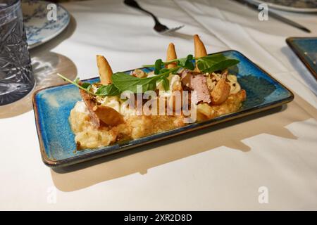 Russischer Salat mit Thunfischbauch, Mayonnaise-Schaum, Oliven und Brotstäbchen auf einem blauen Tablett auf einer weißen Tischdecke auf einem Restauranttisch oder zu Hause Stockfoto