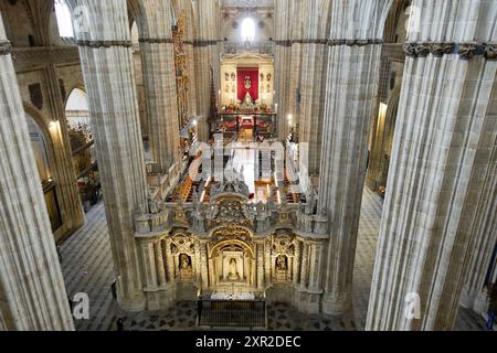 Blick von oben auf das zentrale Schiff, den Chor und die riesigen Säulen in der Kathedrale von Salamanca, Kastilien und Leon, Spanien Stockfoto