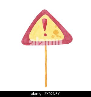 Dreieckiges gelbes und rotes Warnschild mit Ausrufezeichen, im Zeichentrickstil. Watercolor Clipart perfekt für sicherheitsrelevante Designs, Bildungsinhalte oder Verkehrs- und Bauprojekte Stockfoto