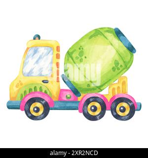 Zementmischer-Lkw in leuchtenden Grün- und Gelbtönen. Baustellenfahrzeug mit Aquarell Clipart, ideal für Bauprojekte, Illustrationen für Kinderzimmer, Karten oder Lehrmaterialien Stockfoto