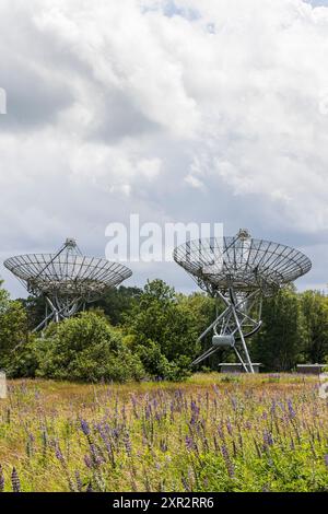 Ansicht des Westerbork Synthese Radio Telescope (WSRT) entlang des nationalen Gedenklagers in Westerbork in der Provinz Drenthe in den niederlanden. Stockfoto