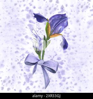 Die Aquarellzusammensetzung von Fliederlippen mit einem Bogen. Handgezeichnet, isoliert auf weißem Hintergrund mit Aquarellflecken Stockfoto