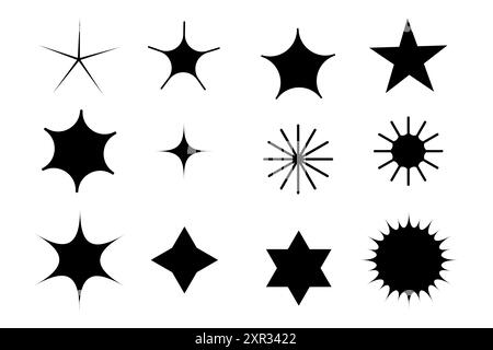 Vektor-Starburst-Formen. Schwarze geometrische Symbole. Abstrakte Sternendesigns. Verschiedene Sternmuster. Stock Vektor