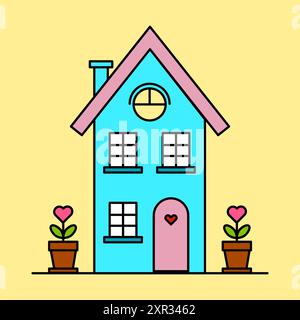 Bunte Hausabbildung. Pinkfarbene Dachdetails. Topfblumen. Moderne Vektorkunst. Stock Vektor