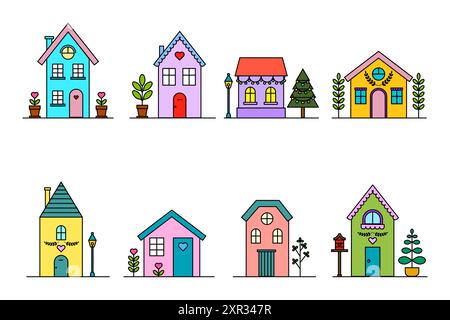 Bunte Haussymbole. Niedliche Illustrationen. Einfache Vektorgrafiken. Skurrile Wohndesigns. Stock Vektor