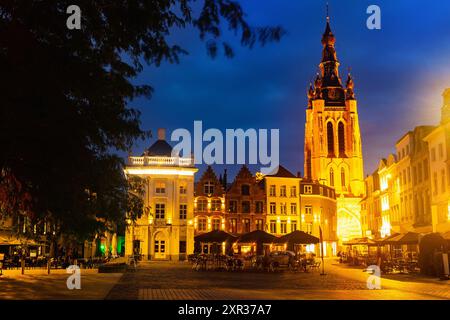 Dämmerungsfoto der St.-Martin-Kirche in Kortrijk Stockfoto