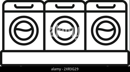 Linienzeichnung einer Reihe von Waschmaschinen nebeneinander, die einen Waschsalon oder Waschraum darstellen Stock Vektor