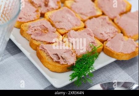 Knusprige Toasts mit glatter Fleischpastete auf weißem Teller Stockfoto