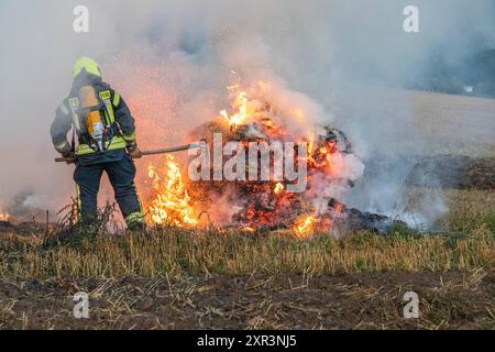 240808Strohballenbrand News ID: EN 2024-08-08-08, Strohballenbrand beschäftigt Einsatzkräfte Landwirte unterstützen Brandbekämpfung Gornau. Am Donnerstagabend gegen 19:50 Uhr ist auf einem Feld an der Eisenstraße ein Strohballenbrand ausgebrochen. Wie die Feuerwehr berichtet, standen bei Ankunft der ersten Kräfte, 30 Strohballen in Vollbrand. Umgehend begann man mit der Brandbekämpfung. Zeitgleich verhinderten die Kameraden eine weitere Ausbreitung des Brandes. Unterstützt werden die Löschmaßnahmen von Landwirten. Diese pflügten das Stoppelfeld um und nahmen so dem Feuer das brennbare Material. Au Stockfoto