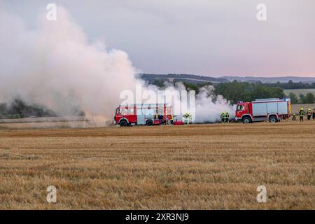 240808Strohballenbrand News ID: EN 2024-08-08-08, Strohballenbrand beschäftigt Einsatzkräfte Landwirte unterstützen Brandbekämpfung Gornau. Am Donnerstagabend gegen 19:50 Uhr ist auf einem Feld an der Eisenstraße ein Strohballenbrand ausgebrochen. Wie die Feuerwehr berichtet, standen bei Ankunft der ersten Kräfte, 30 Strohballen in Vollbrand. Umgehend begann man mit der Brandbekämpfung. Zeitgleich verhinderten die Kameraden eine weitere Ausbreitung des Brandes. Unterstützt werden die Löschmaßnahmen von Landwirten. Diese pflügten das Stoppelfeld um und nahmen so dem Feuer das brennbare Material. Au Stockfoto