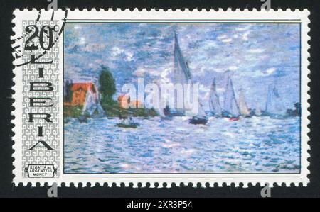 LIBERIA - CA. 1969: Briefmarke gedruckt von Liberia, zeigt Regatta in Argenteuil von Claude Monet, ca. 1969 Stockfoto